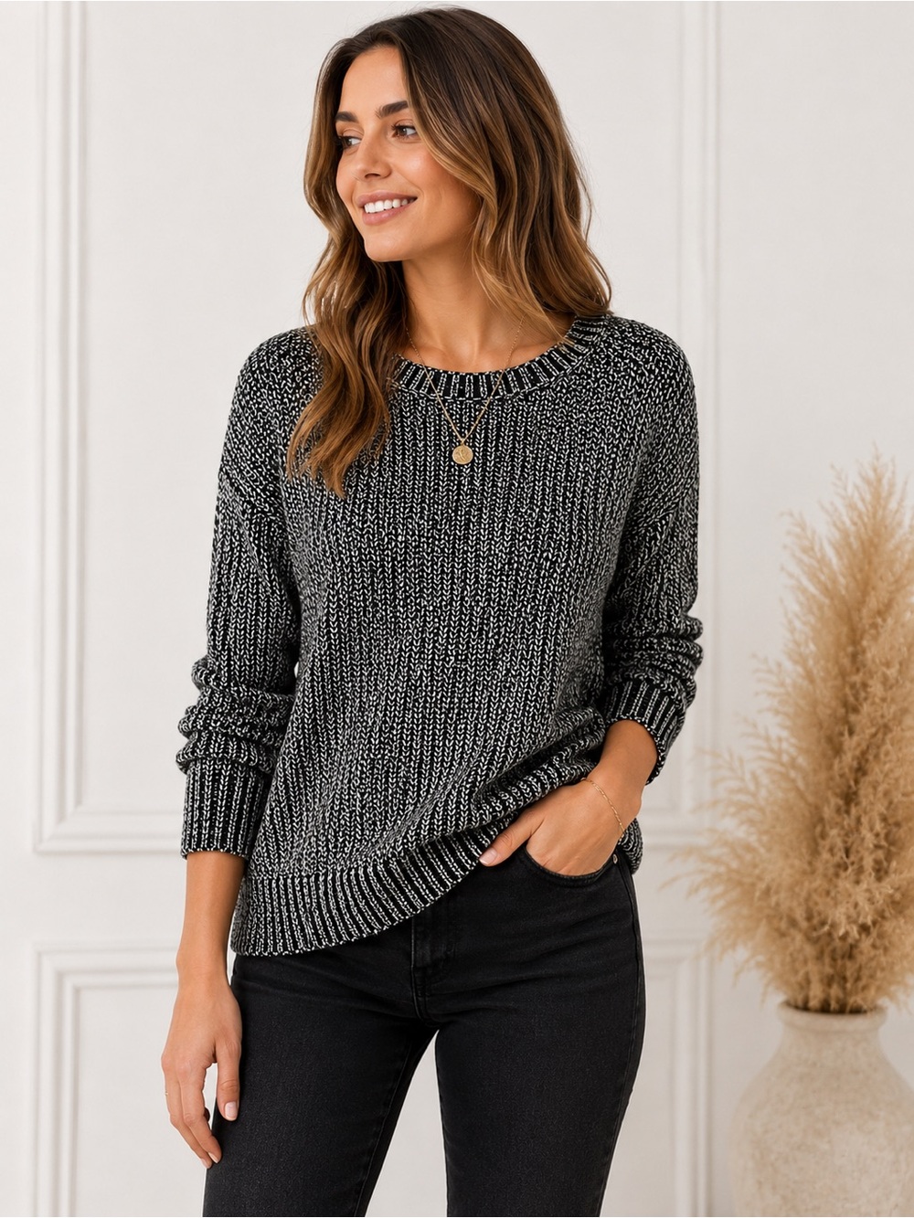 Eileen Tracy Black Marl Cotton Blend Cable Knit Sweater XL Cozy Classic